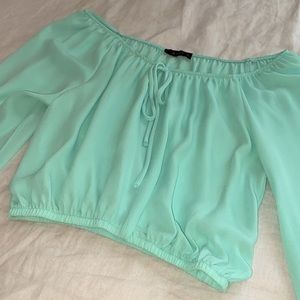 Boho off shoulder teal sheer crop top